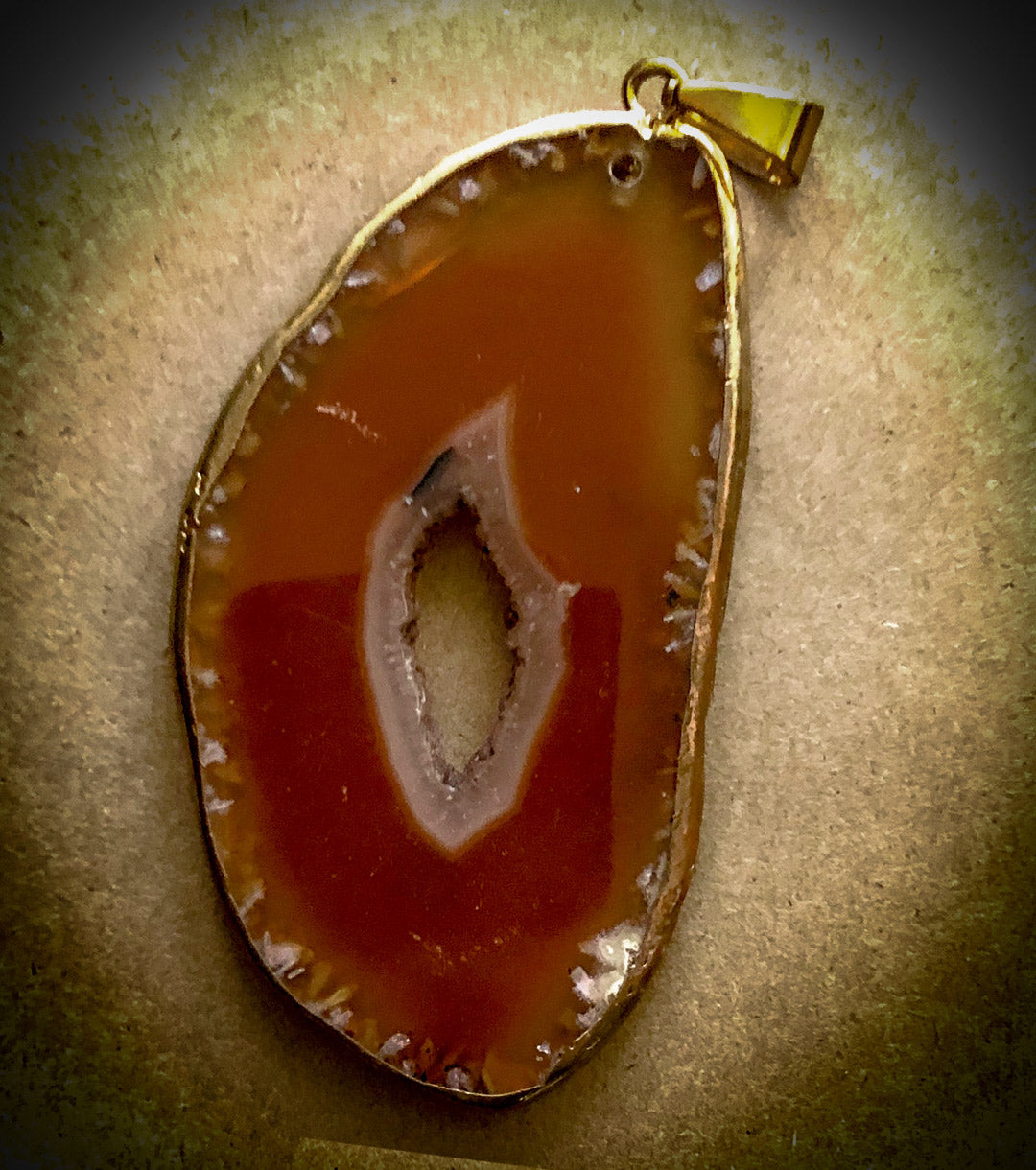 Amber & Fire Agate Banded Geode Druzy Quartz Pendant with Gold Plating